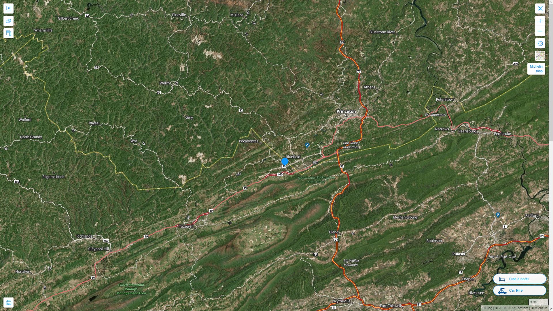 Bluefield West Virginia Highway and Road Map with Satellite View